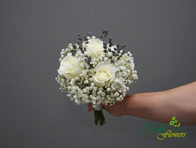 Bridal bouquet of white roses, gypsophila, and lavender (made to order, 10 days) photo